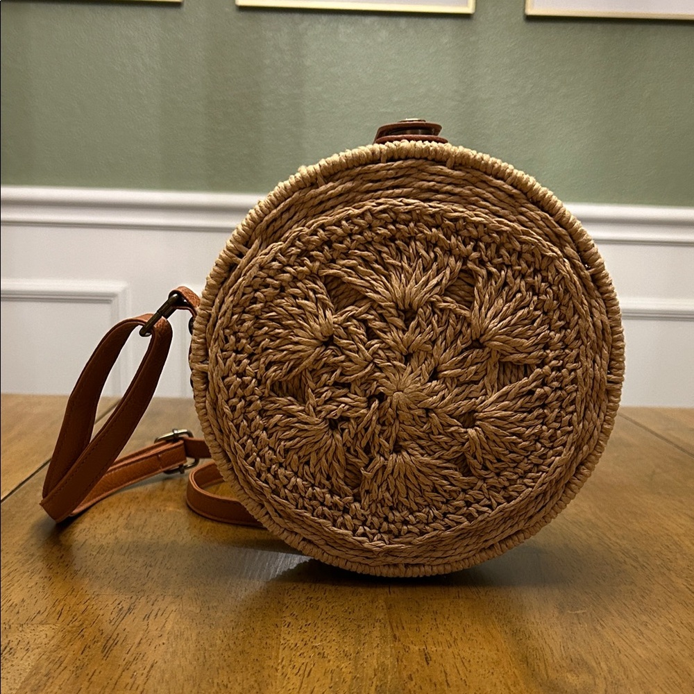 Brown Straw Hand Woven Crossbody Bag